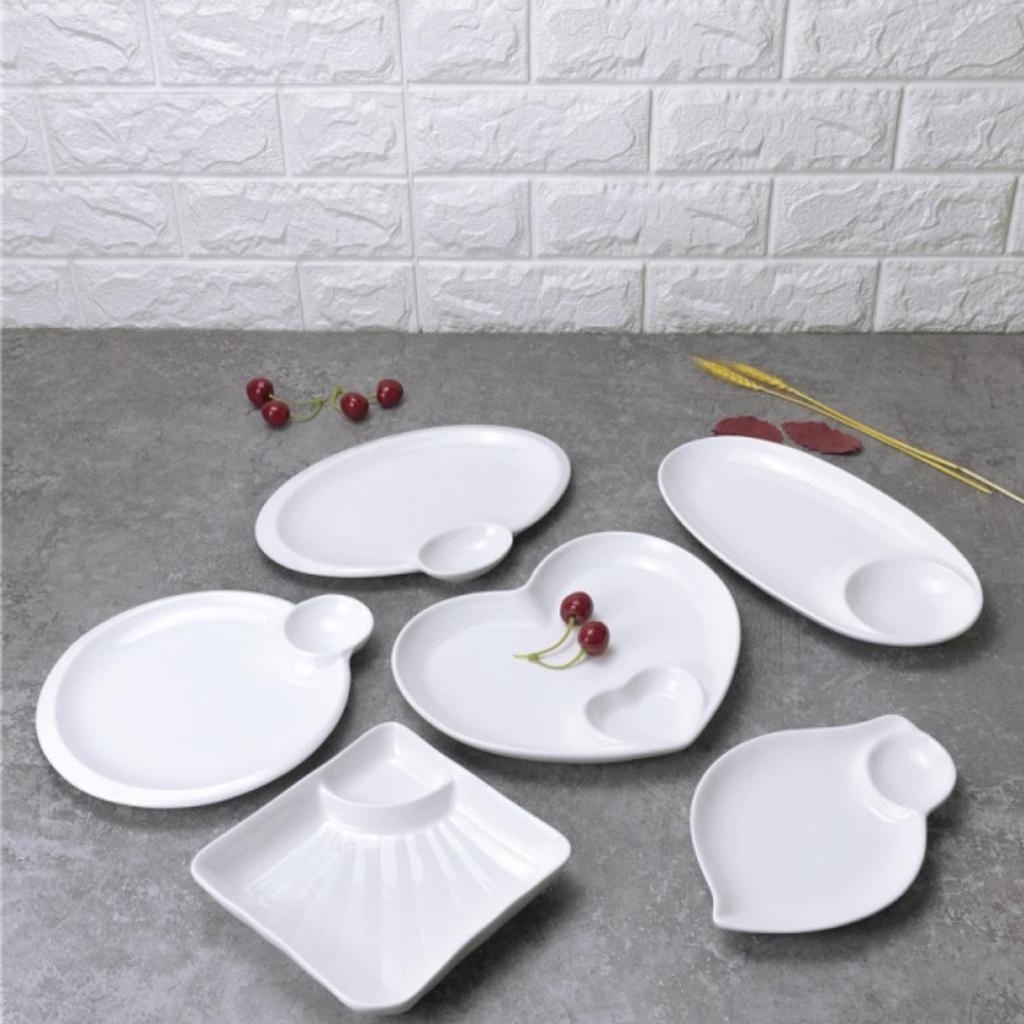 Hand-painted Pure White Ceramic Plate with Integrated Vinegar Dish for Dumplings, Shrimp, Vegetables, Fries & More.