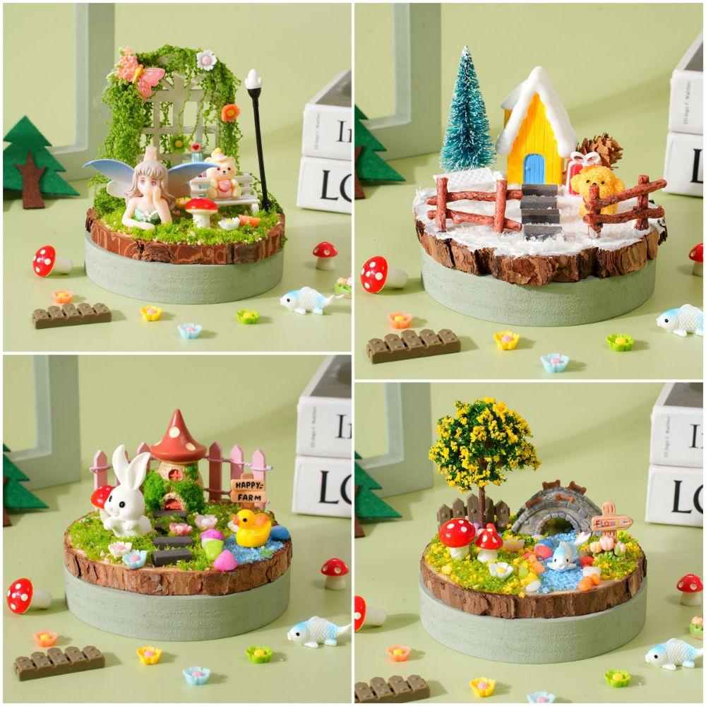 Multicolor Landscape DIY Material Kit Resin Wood Base DIY Miniature Landscape Ornaments Cartoon Statue Mini Size