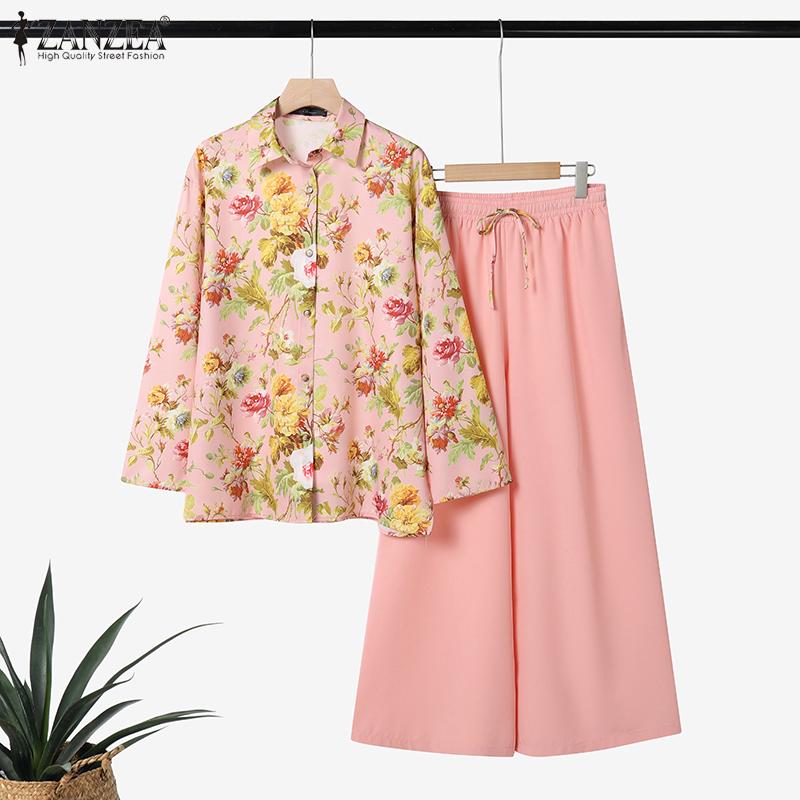 ZANZEA Women Long Sleeve Floral Blouse and Pants Casual Two Piece Suit Sets
