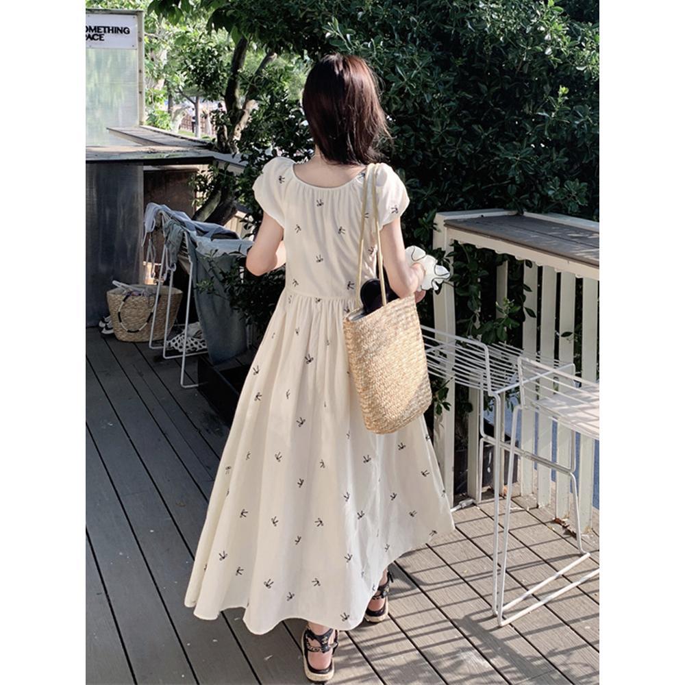 Bow Printed Short Sleeve Dress Women's Summer Gentle Waist Skinny Bubble Sleeve A-Word Long Dress