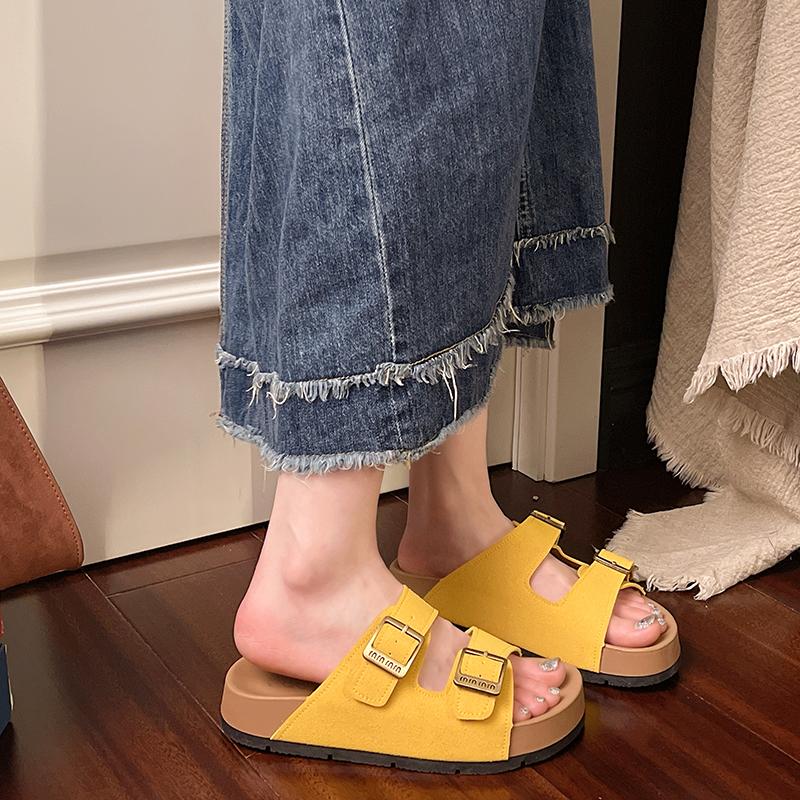 

Fashion 2025 Summer New Street Style Women Slippers Fashion Open Toe Women Slipper Ladies Comfort Thick Sole Beach Metal Button Slipper 41 жёлтый