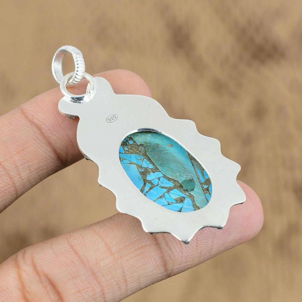 Natural Copper Arizona Turquoise Gemstone Pendant 925 Sterling Silver Jewelry