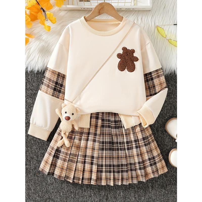 

Осенью, Топ с длинным рукавом и круглым вырезом для девочек с милой вышивкой в виде мультяшного медведя и клетчатой лоскутной вставкой, в сочетании с клетчатой плиссированной юбкой 170cm
