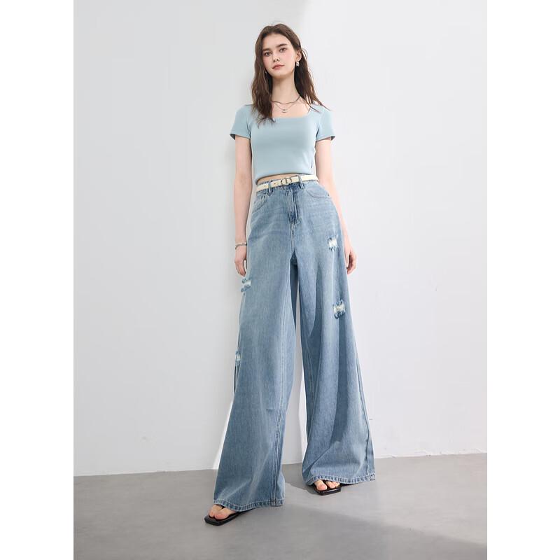 

Sancai 2025 Summer High-Waist Ripped Loose Wide-Leg Jeans L