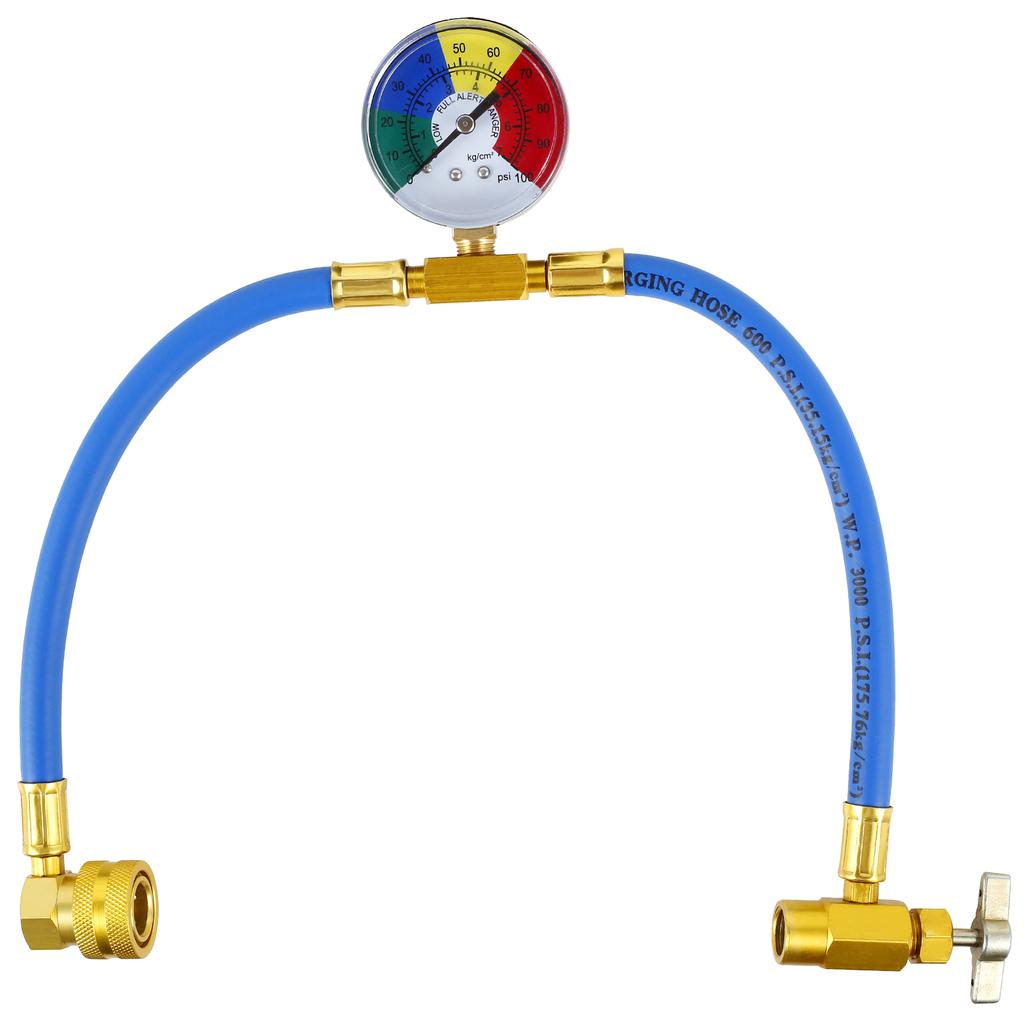 Metal AC Refrigerant Recharge Hose Kit with 1/2 Acme Thread Pressure Gauge Sturdy R134A Car Air Conditioner Recharging Hose
