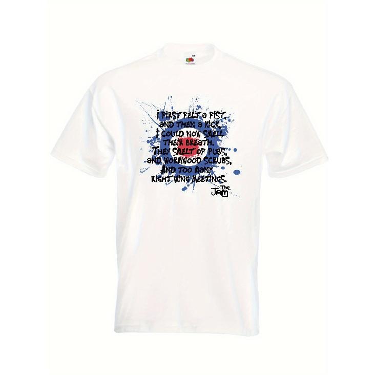 Men'S The Jam Paul Weller MOD T-Shirt - Vintage 70s/80s Band Tee with Subway Station Graffiti Print, White with Black & Blue Lyrics & Album Art,
