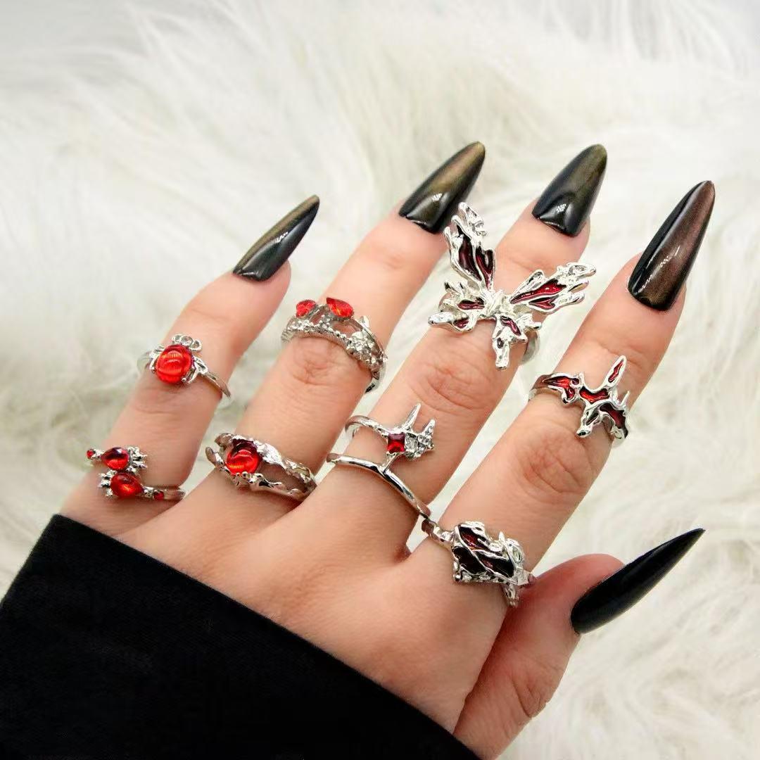 Exaggerated Red Butterfly & Heart Rhinestone Ring Set: 8-Piece European & American Style