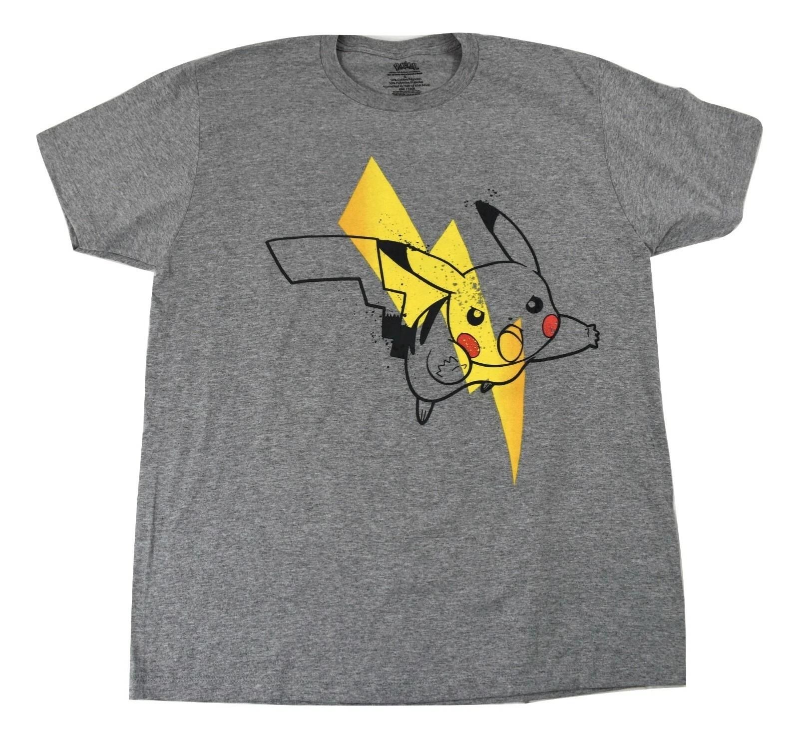 Pokemon Mens Pikachu Lightning Bolt Gray Shirt New S, M, L 3XL