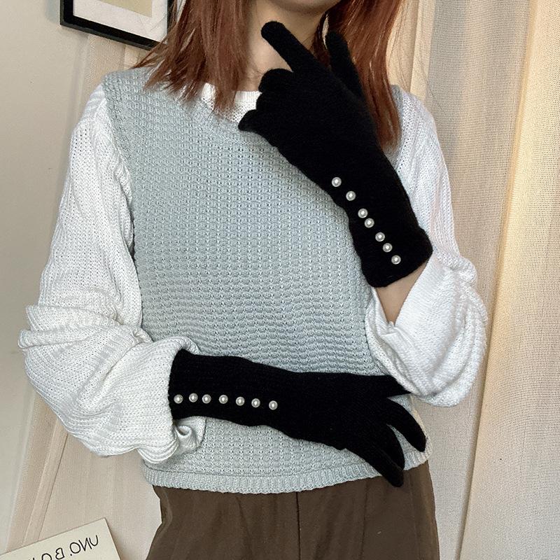 Korean Style Autumn/Winter Pearl Fingerless Touchscreen Wool Gloves for Women