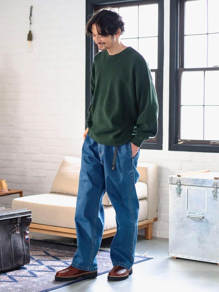 B:MING LIFE STORE by BEAMS Men's 12-Gauge Long Sleeve Crew Neck Knit, Single Rib, Wide Fit, Green, Size S_92150361286