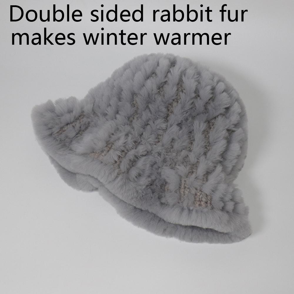 Winter Women Outdoor Knitted Real Rex Rabbit Fur Hat Natural Warm Fur Bucket Hats Girls Fashion Fluffy Real Rex Rabbit Fur Caps
