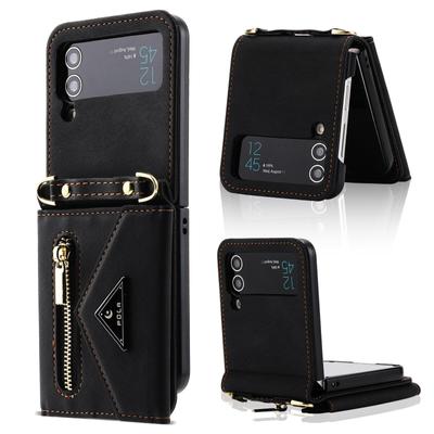 Kožené puzdro pre Samsung Flip4 Galaxy Z Flip 4 Z Flip 3 5G Vintage s krížovou šnúrkou na stiahnutie 3 sloty na karty