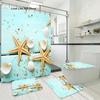 Blue Fishing Net And Whelk 3D Printed Waterproof Shower Curtain Non Slip Rugs Mat Polyester Fabric Waterproof With Hooks