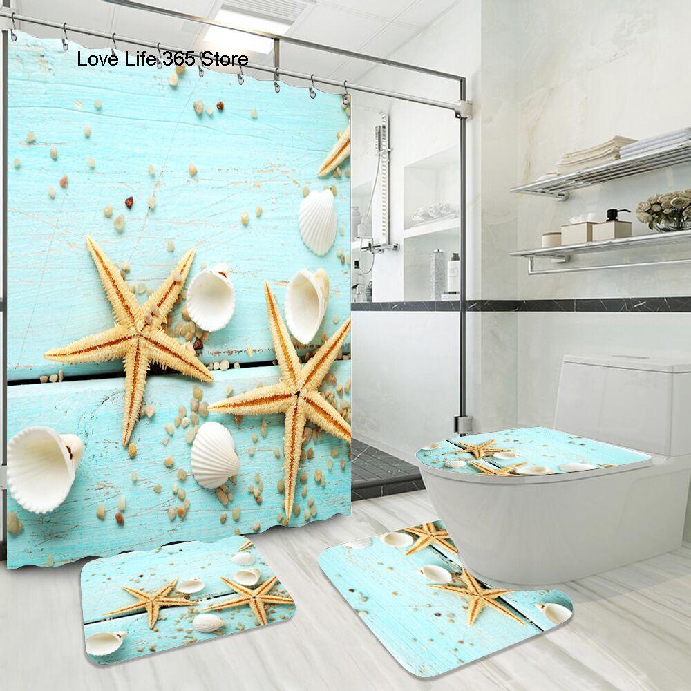 Blue Fishing Net And Whelk 3D Printed Waterproof Shower Curtain Non Slip Rugs Mat Polyester Fabric Waterproof With Hooks