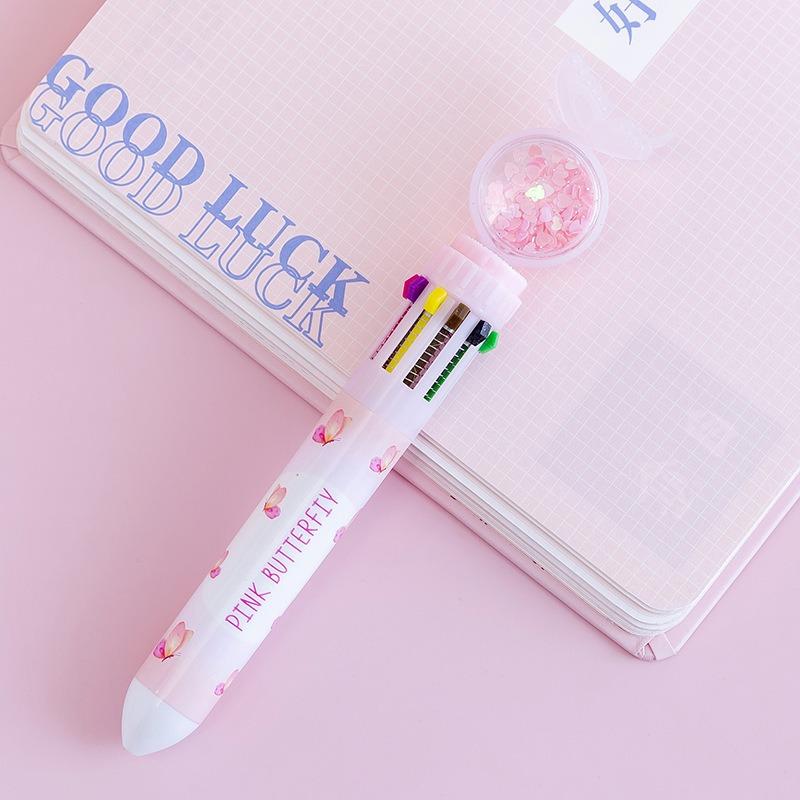 Cartoon Butterfly Ten Color Retractable Ballpoint Pen Multifunctional Student Stationery For Hand Account