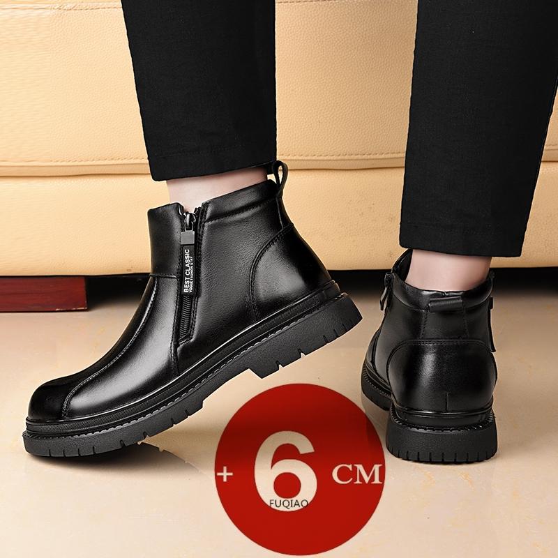 6cm Höherwachsende Schuhe Für Männer Echtes Leder Winter Schneestiefel Mit Wollfleece-Futter Seitenreißverschluss Warme Knöchelhohe Stiefel