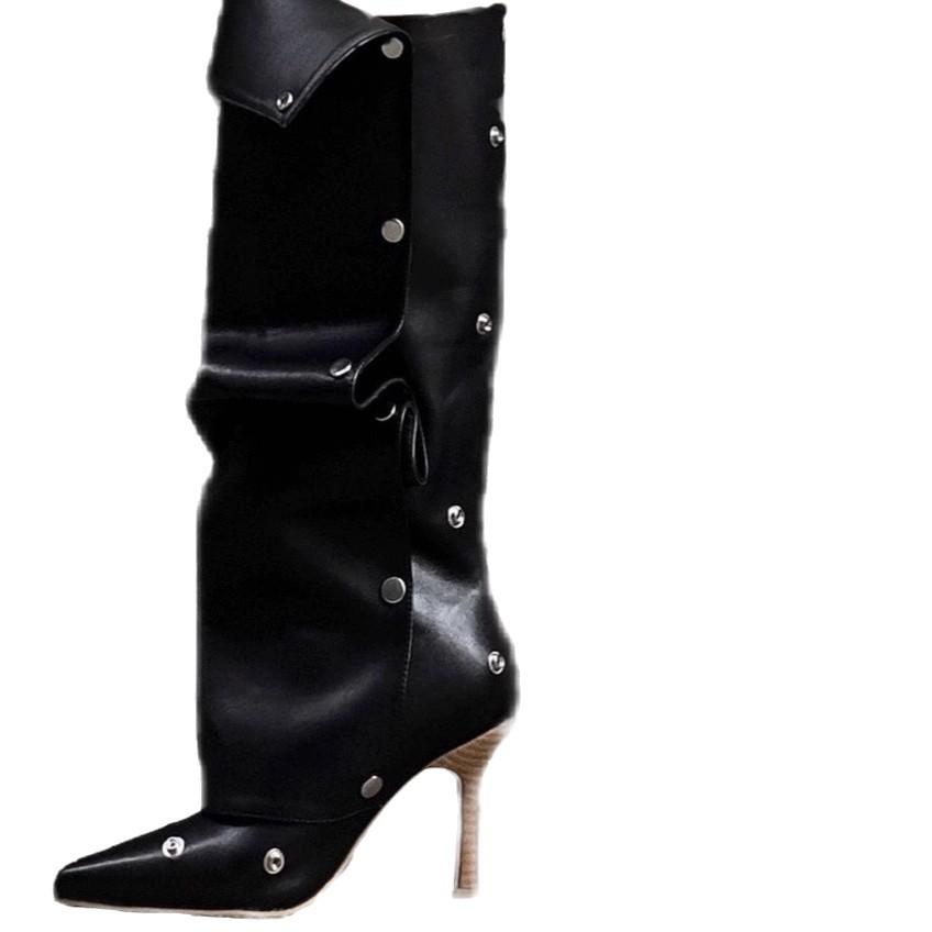 Pointed Stiletto Heel Pile Boots Button Splicing Trouser Tube Boots Spice Girl High Heel Long Tube Fashion Boots Women But Knee Boots Children