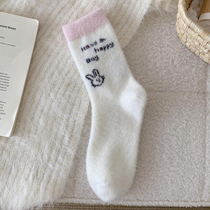 Pink Australian Velvet Socks Season Warm Medium Tube Socks Piled Thickened Home Sleep Socks Cute Cartoon Stockings