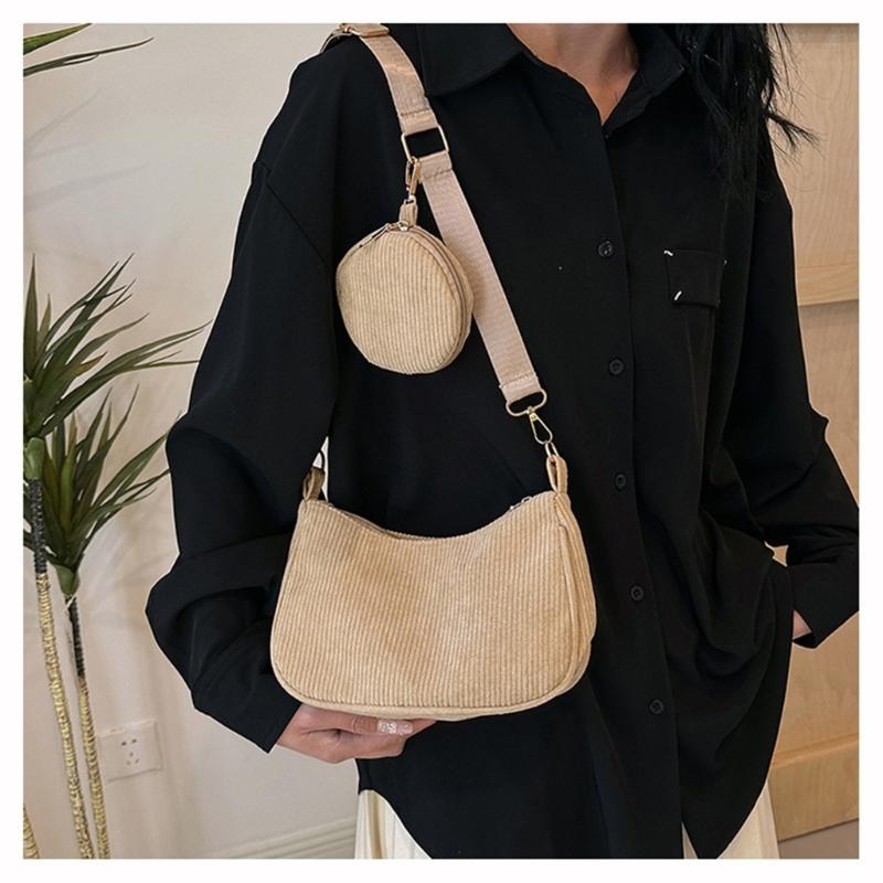 Womens Fashion Solid Color Corduroy Underarm Bag with Coin Purse Pouches Shoulder Crossbody Bag for Shopping Dating Work