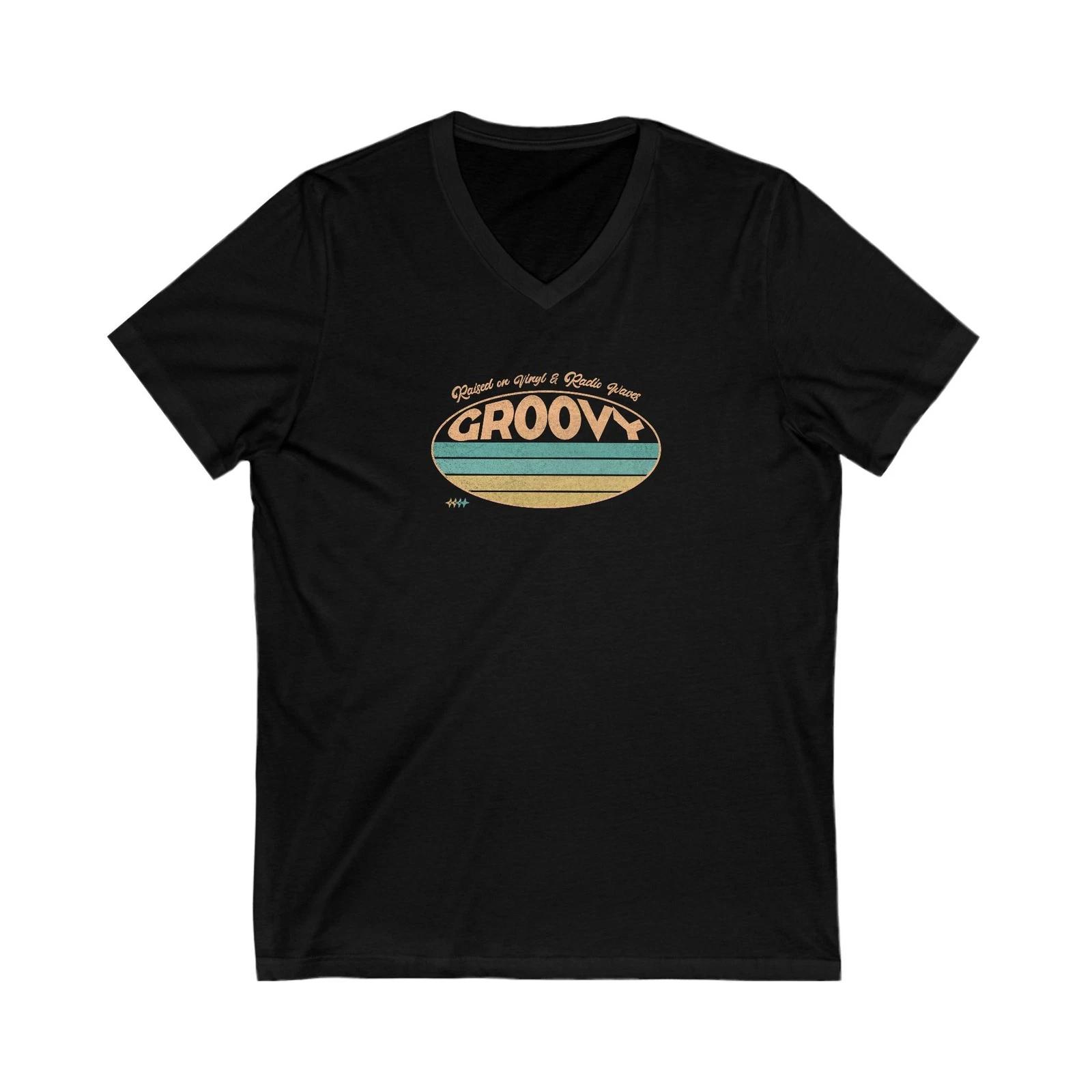 Raised On Vinyl & Radio Waves, Groovy V-Neck Tee: Vintage Style Unisex, Music L