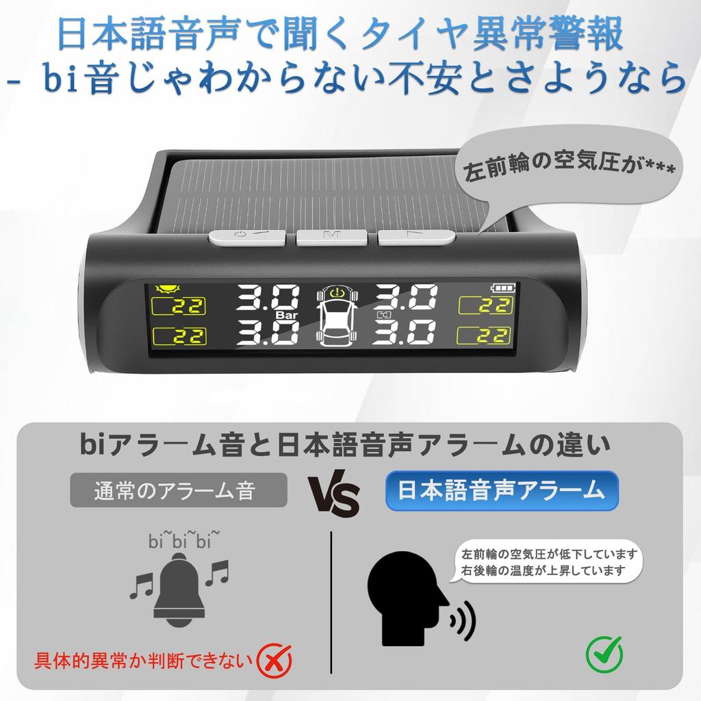 Avutrel Tire Pressure Monitor, TPMS Tire Pressure Sensor, Car, 5 Japanese Voice Alarms, Solar