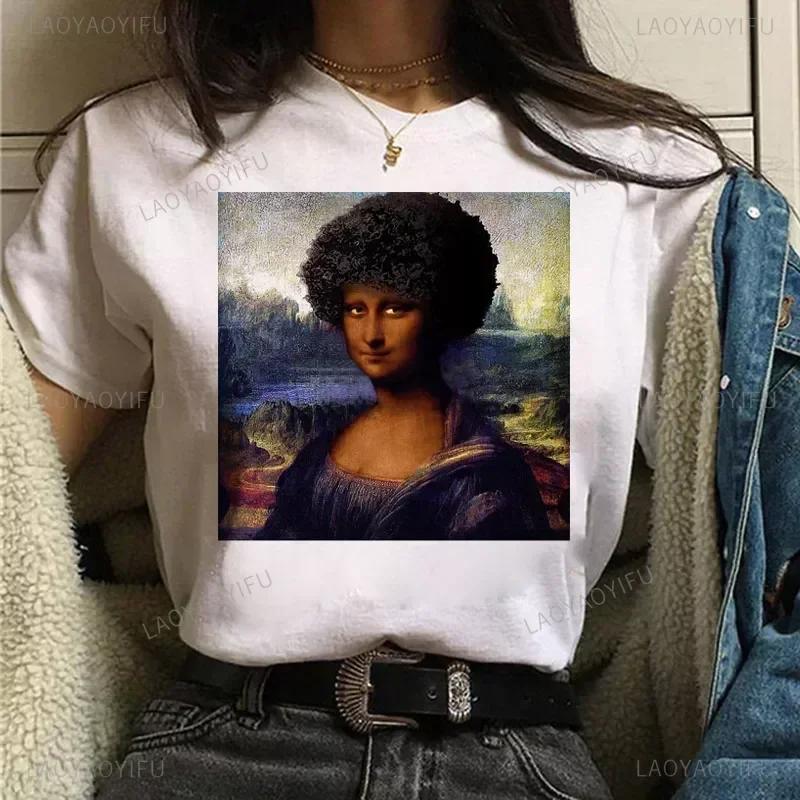 Vintage Humor Mona Lisa Print Women Fashion Top Funny Rose Mona Lisa T-Shirt Classic Camise Breathable Short-sleev