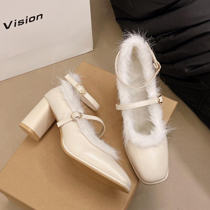Fashion Women's Coarse Heel Single Shoes Winter New Square Head Shallow Mouth Non-slip Wear-resistant Word with Low Top Shoes