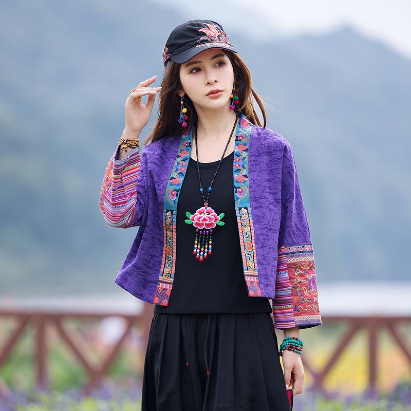 Retro Jacquard Cotton Linen Embroidered Women s Short Cardigan Jacket for Zen Tea Ceremony 2XL фиолетовый