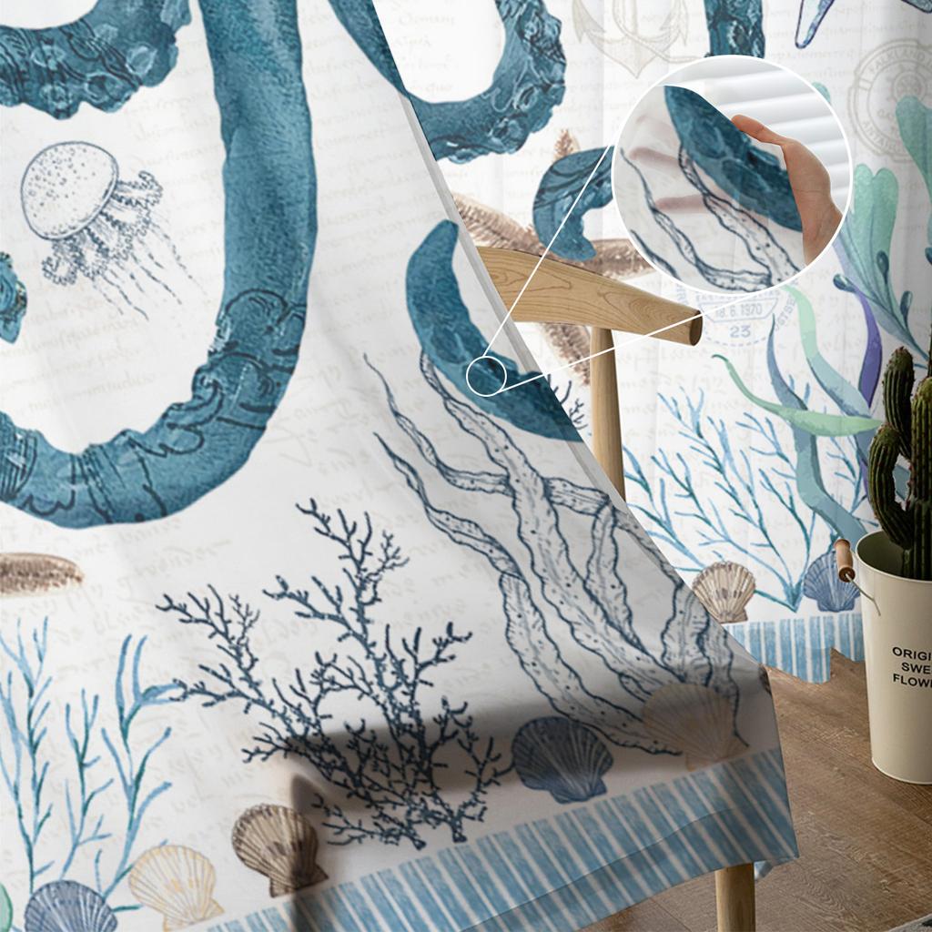 Ocean Stripes Seaweed Starfish Octopus Voile Sheer Curtains Living Room Window Tulle Curtain Kitchen Bedroom Drapes Home Decor