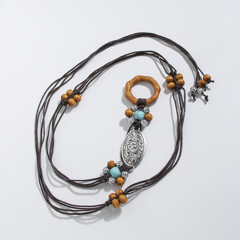 

Bohemian Style Cotton Linen Waist Belt With Wooden Bead Closure For Vacation Outfit