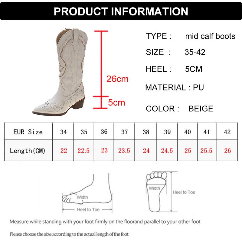 Lucyever White Cowboy Boots for Women Embroidery Pointed Toe Mid Calf Botas Female Slip On Thick Heels Cowgirl Boots Woman 42