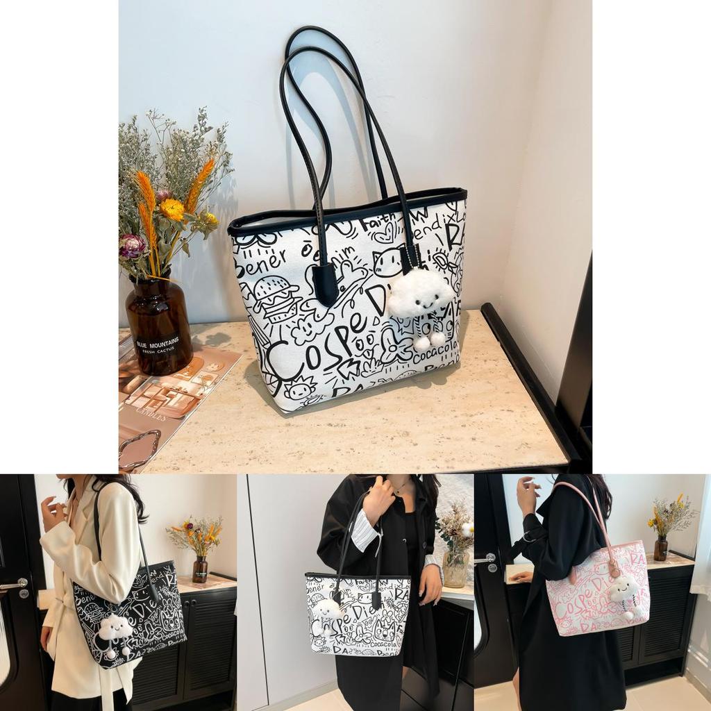 Street Fashion Graffiti Tote Bag For Women Pu And Fabric Blend Large Capacity Zip Closure Phone Pocket Daily Commute Essentials