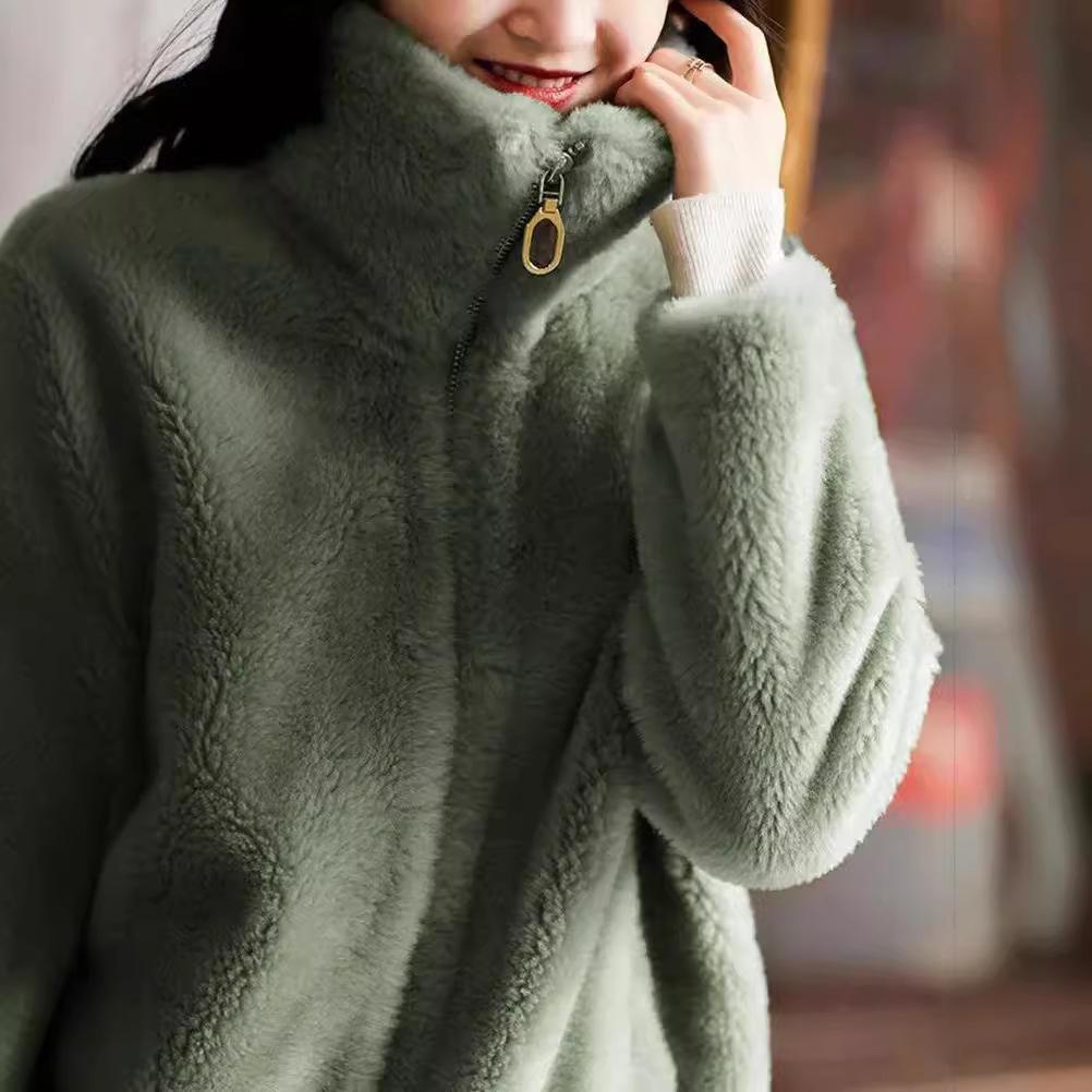 Winter Fat Sister Large Size Loose Double-sided Fleece Sweater High Neck Warm Cardigan Fleece Thickened Coat