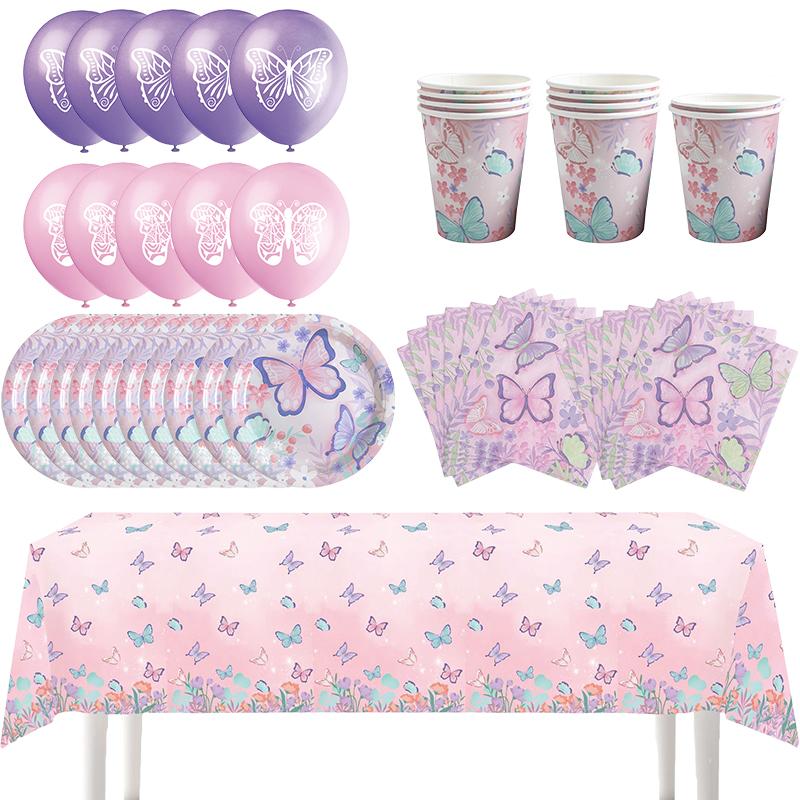 Butterfly Party Tableware Set  Butterfly Pattern Paper Plate Napkin Cup Disposable Tablecloth for Baby Shower Birthday Supplies