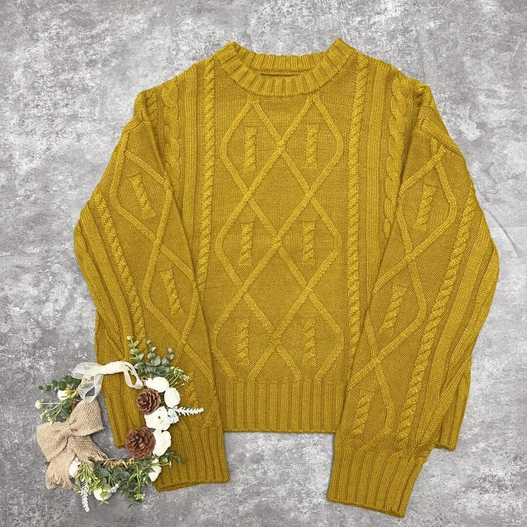 

Johnature, вязаные свитера с напуском, зимние свободные пуловеры с круглым вырезом и жареным тестом, вязаный однотонный повседневный женский свитер One Size жёлтый