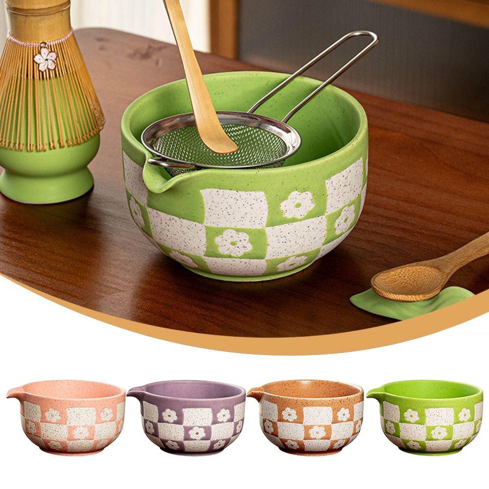Checkered Sakura Pattern Matcha Whisk Stand Ceramic Green Tea Maker Cup for Tea Set Accessories