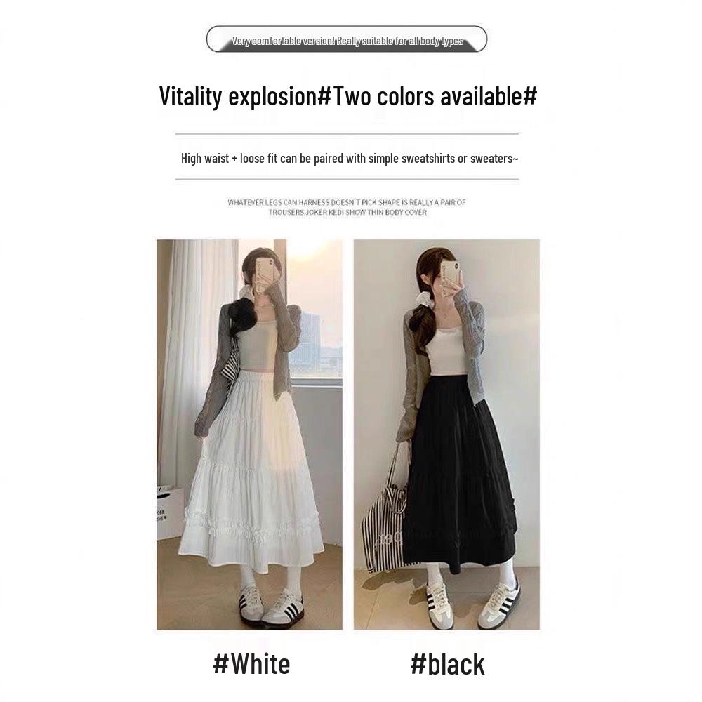 White A-Line Ruffle Midi Skirt - High Waist Summer 2025 Slimming French Style for Women & Petite