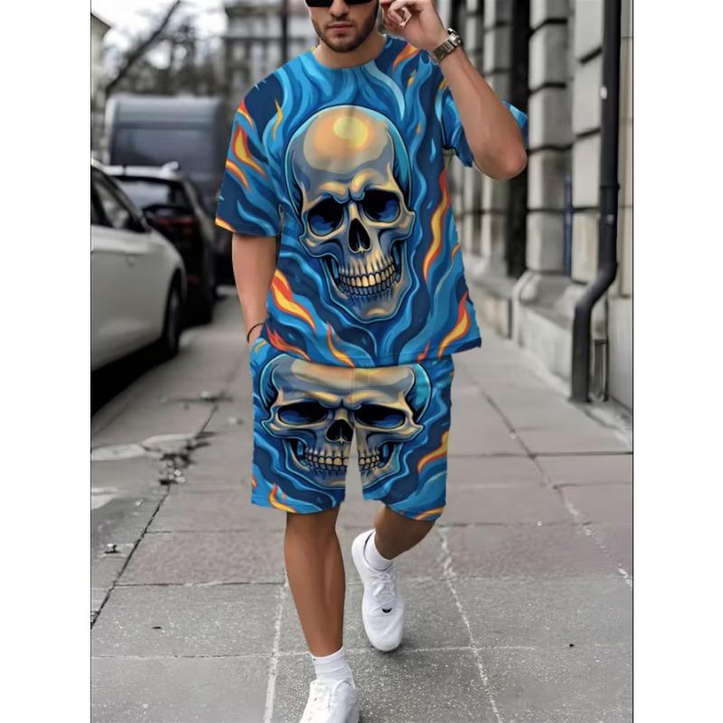 Urban Street Fashion Trend Men's Round Neck Short Sleeved Shorts Set, Outdoor Simple Casual and Comfortable