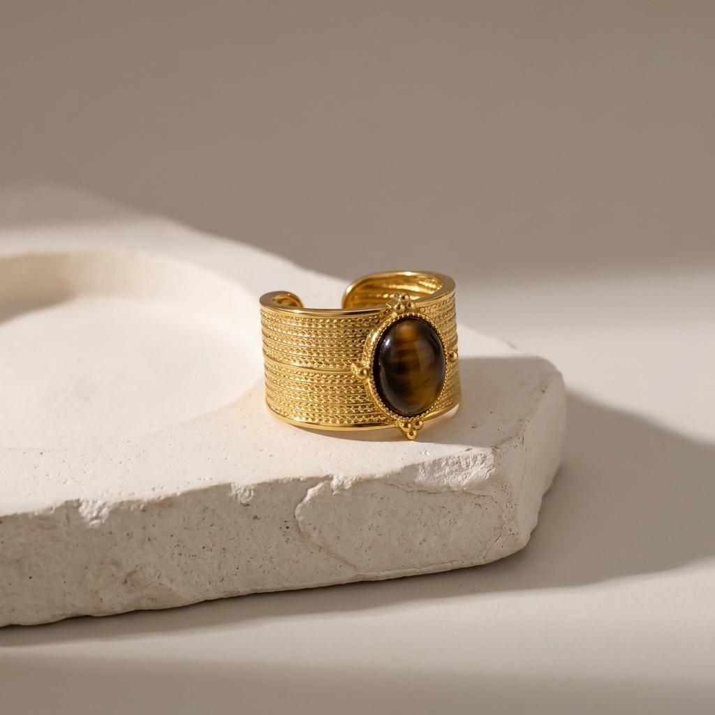 Retro Gold Color Irregular Metal Ring for Women Men Stainless Steel Natural Tiger Eye Opening Ring Aesthetic Dating Jewelry
