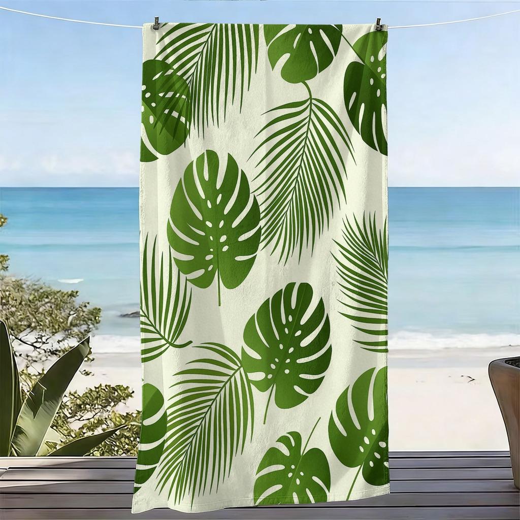 1pc, Tropical Style Oversized Soft Beach Towel, Monstera and Palm Leaf Print Pattern, Microfiber Bath Towel, Quick-Drying, Super
