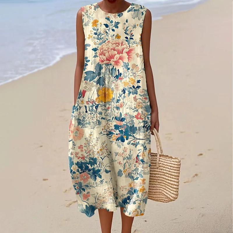 Sleeveless dress new pleated large version loose casual round neck D printing source