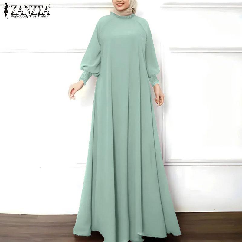 ZANZEA Γυναικείο Καθημερινό Μάξι Φόρεμα με Όρθιο Γιακά, Άνετη Γραμμή, Μονόχρωμο, Μακρυμάνικο