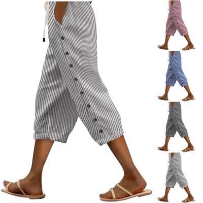 Women's Casual Striped Printed Side Button Loose Elastic Waist Straight Leg Pants Comfort Pocket Seven Pants