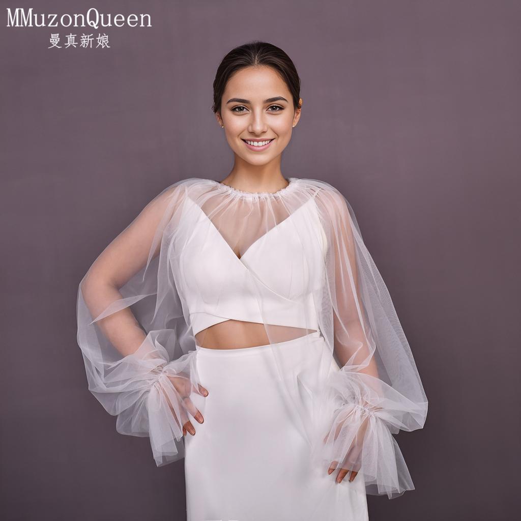 Two Colors Sheer Tulle Long Sleeve Cape Shrug, Elastic Ruffle Cuff Mesh Cover Up for Strapless Satin Wedding Dress Bridal Evening Party Photoshoot