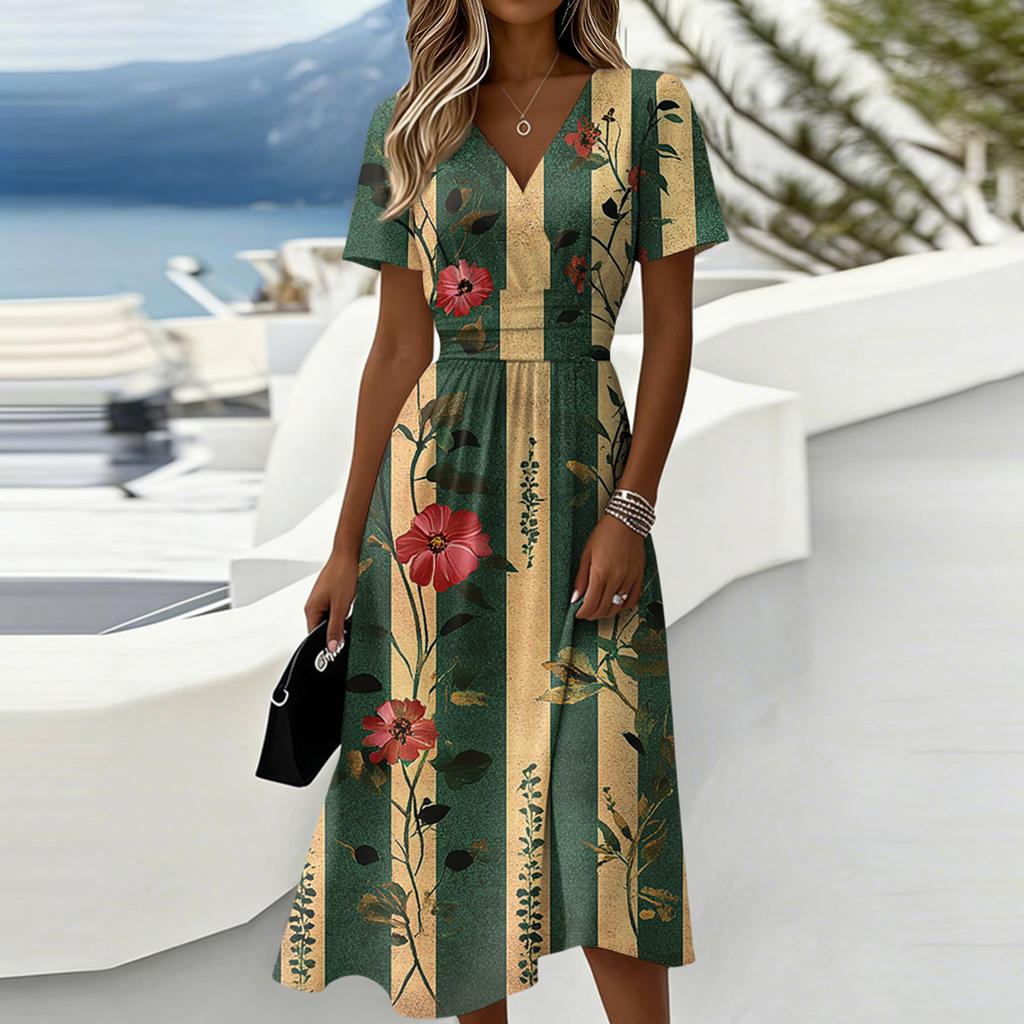 Ladies' Floral Casual Fashionable Short Sleeved V-neck Dress