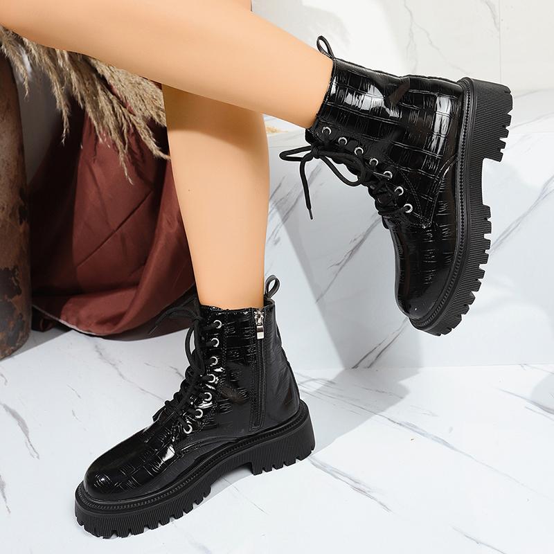 Fashion Patent Leather Thick Sole Ankle Boots Women Fashion Lace Up Zipper Black Platform Boots Woman Comfy Plus Size Motorcycle Shoes