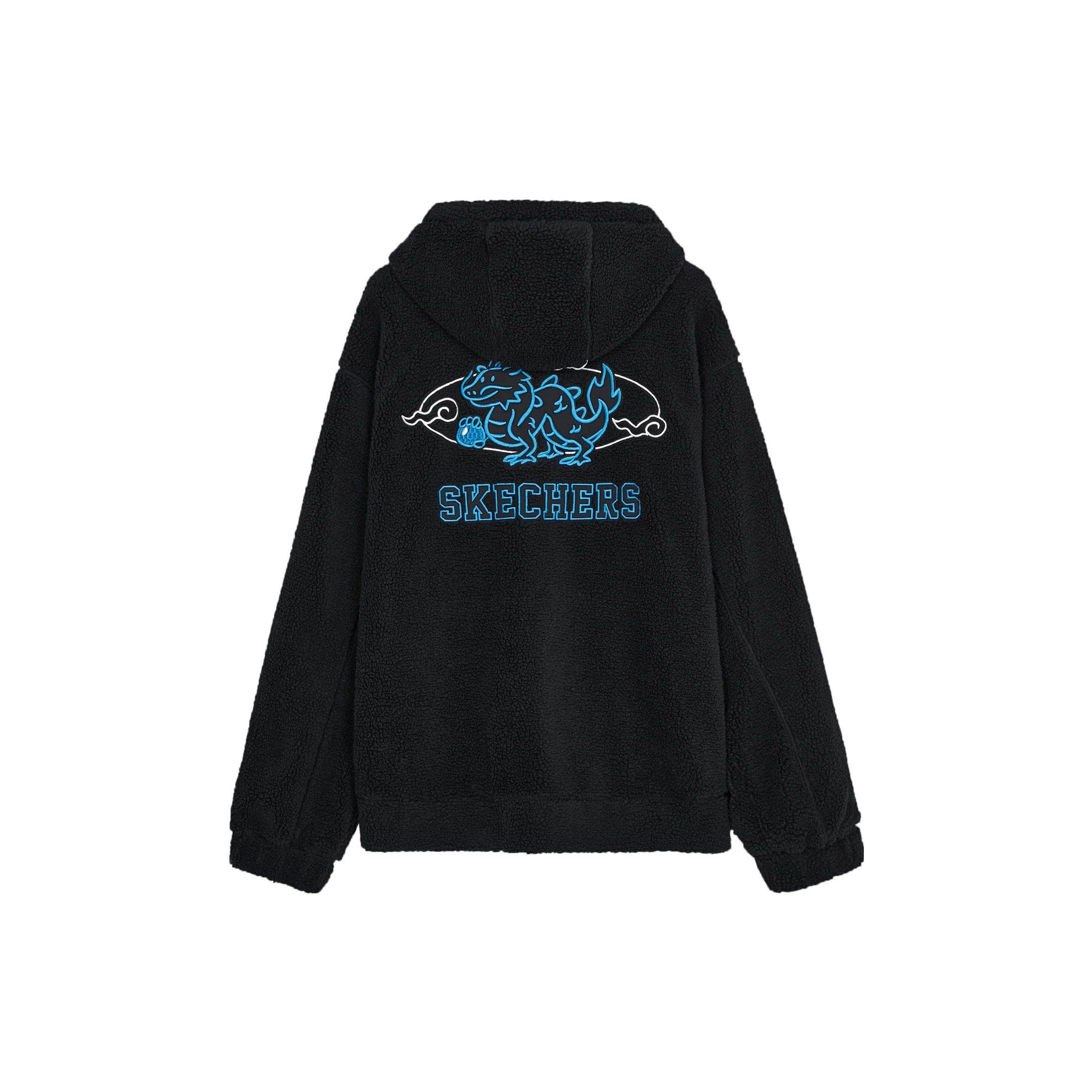 Skechers New Year Series Letter Pattern Embroidered Lamb Fleece Hooded Zipper Jacket Unisex jackets Carbon-Black L124U025-0018 M