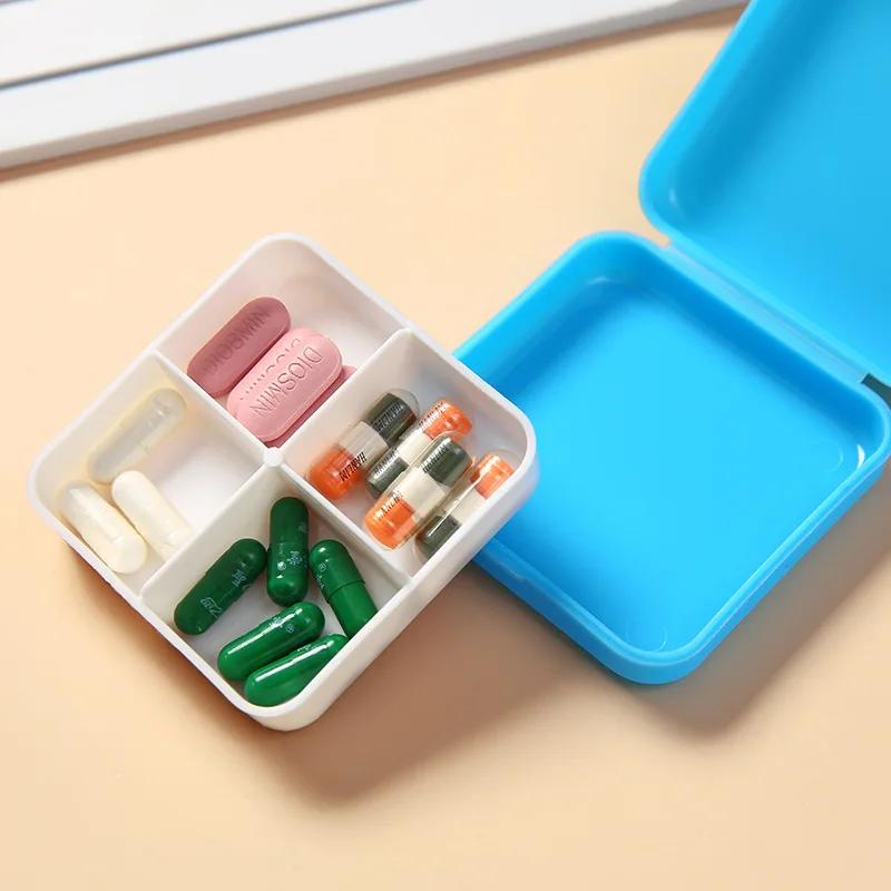 Portable Square Four-Grid Pill Box Small Medicine Organizer Travel Moisture-Proof Durable Carry-On Medicine Container