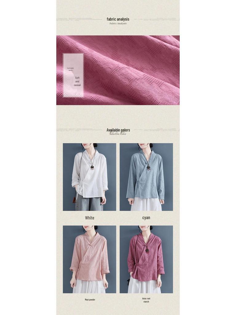 Damenbluse im chinesischen Stil mit Stickerei aus Baumwolle und Leinen - Schräge Knopfleiste mit Froschverschluss, Langarm-Hanfu-Oberteil für den Herbst