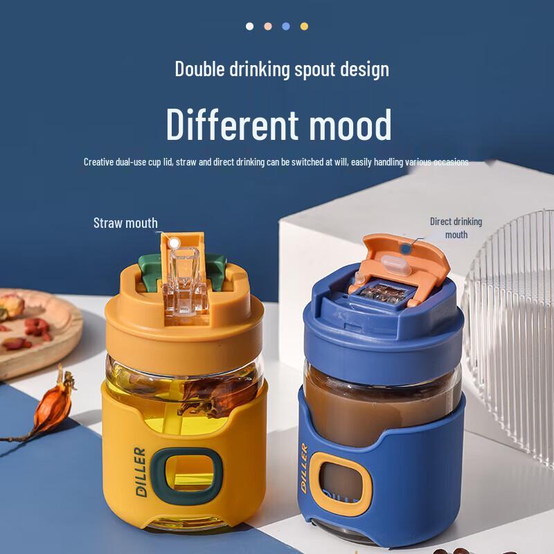 Dileber Portable Glass Water Bottle with Straw 360ML